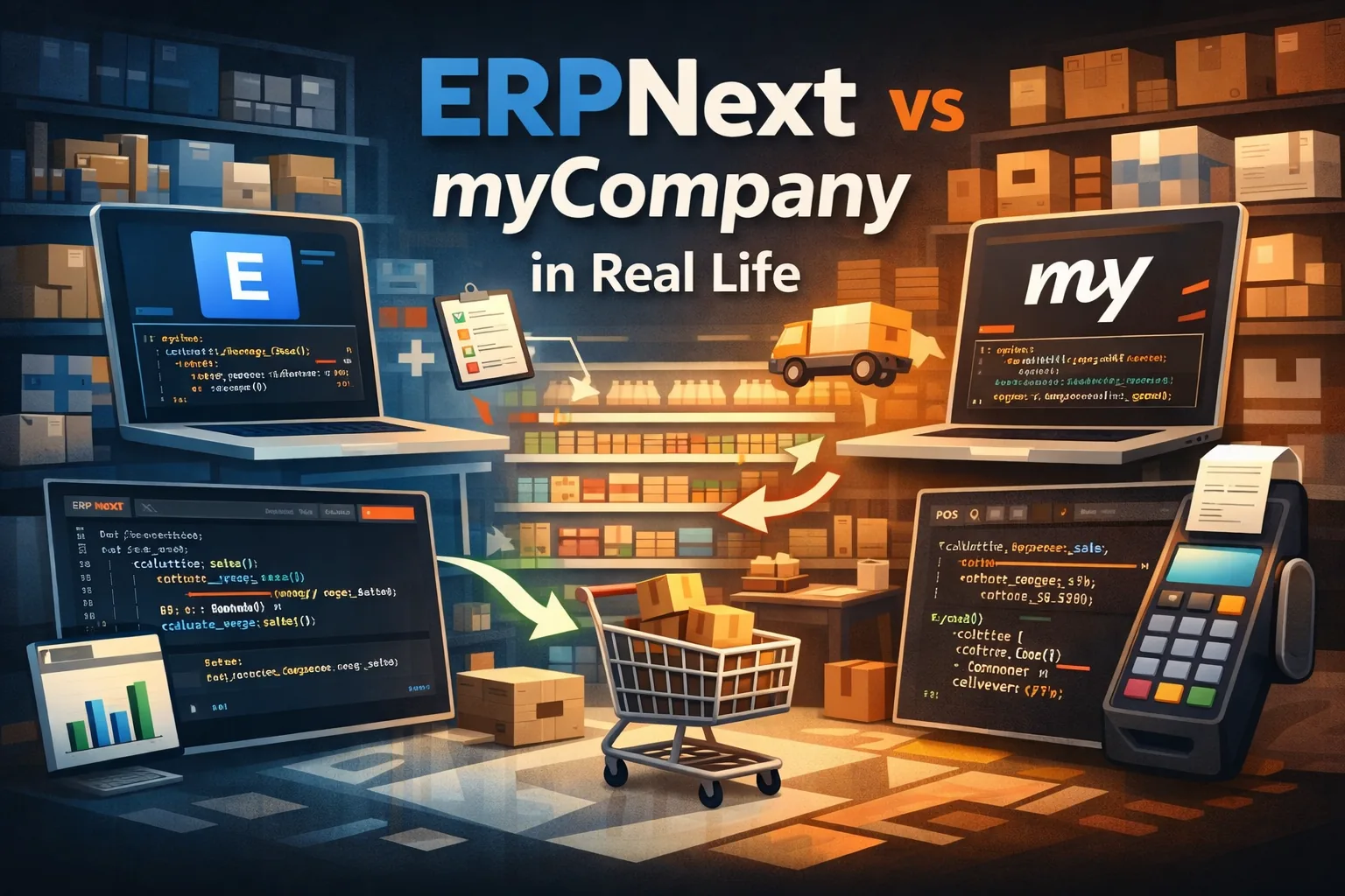 Retail replenishment stress test: ERPNext vs MyCompany architecture comparison with code and decision logic